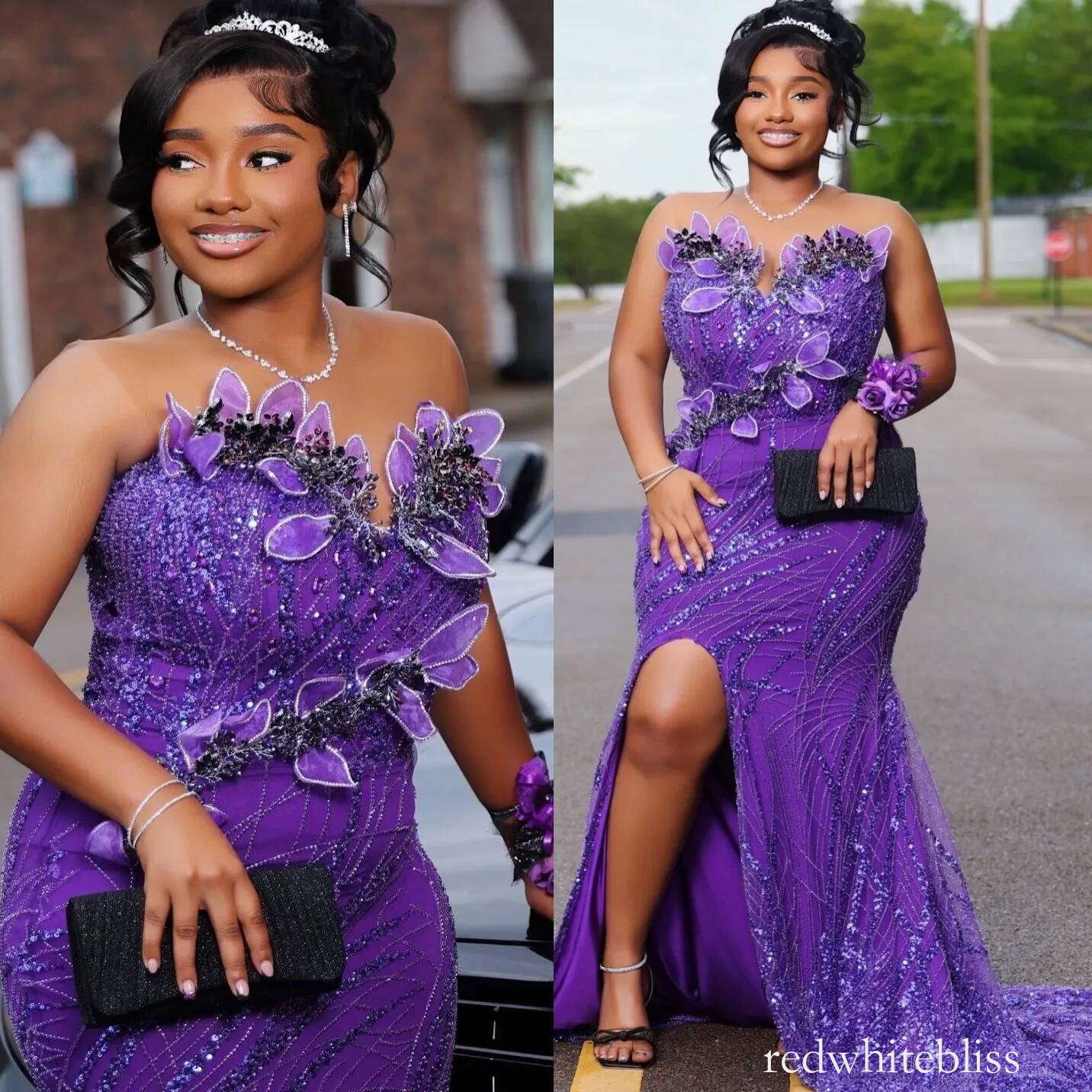 Aso Ebi Purple Mermaid Prom Dress Sheer Neck Petals Flower Beaded Evening Gowns For Black Women Birthday Party Formal Reception Dresses