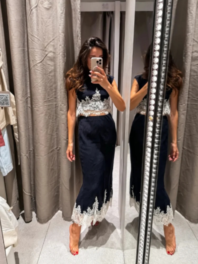 Women Elegant 2 Piece Skirt Set Mock Neck Sleeveless Crop Top Midi Suit White Lace Patchwork Party Daily Matching Outfit 260907