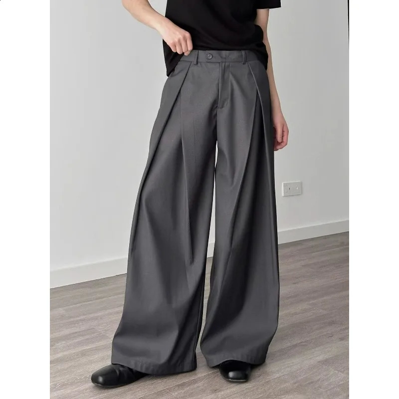 Summer Men's Gray Wide Leg Suit Pants Japan Korean Fashion High Waist Pleated Baggy Casual Formal Trousers Streetwear 260917
