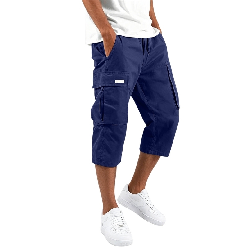 2026 Men Solid Drawstring 34 Cargo Shorts Elastic Waist Multi Pocket Loose Knee Length Summer Casual Long 260818