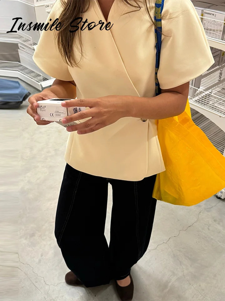 Casual Short Sleeve Blazer Women Solid V-neck Waist Cinching One Button Suit Jacket 2026 Summer Lady Daily Elegant Outwear 260917