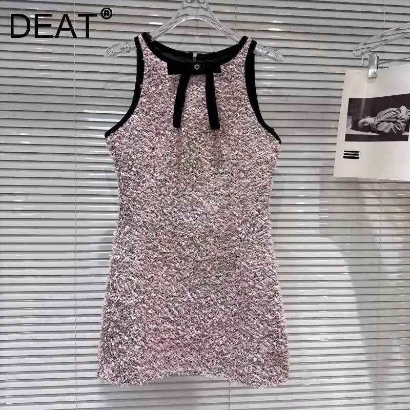 Summer DEAT 2026 Elegant Tweed Waist-Cinching Vest Dress Bow Tie For Women Sleeveless Pink Short Style Party Dresses 11A09747 C260917