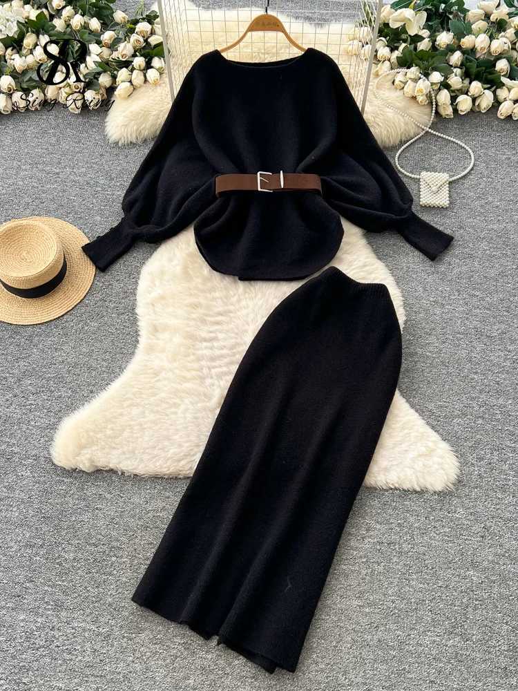 Sets SINGREINY Winter Office Lady Sashes Batwing Sleeve Tops+High Waist Long Skirt Autumn Women Fashion Senior Knitted 2Pcs SetsW260915