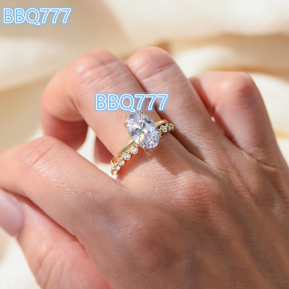 925 Sterling Silver 8*12mm Gold Plated Engagement Wedding Ring Set Fine Jewelry Factory