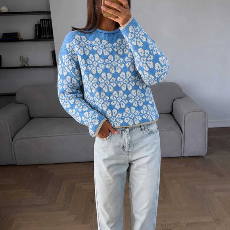 Long Sleeved Knitted Jacquard Sweater Pullover Vintage O Neck Loose Commuting Sweater Autumn Winter Crochet Fashion Women's Top J260916