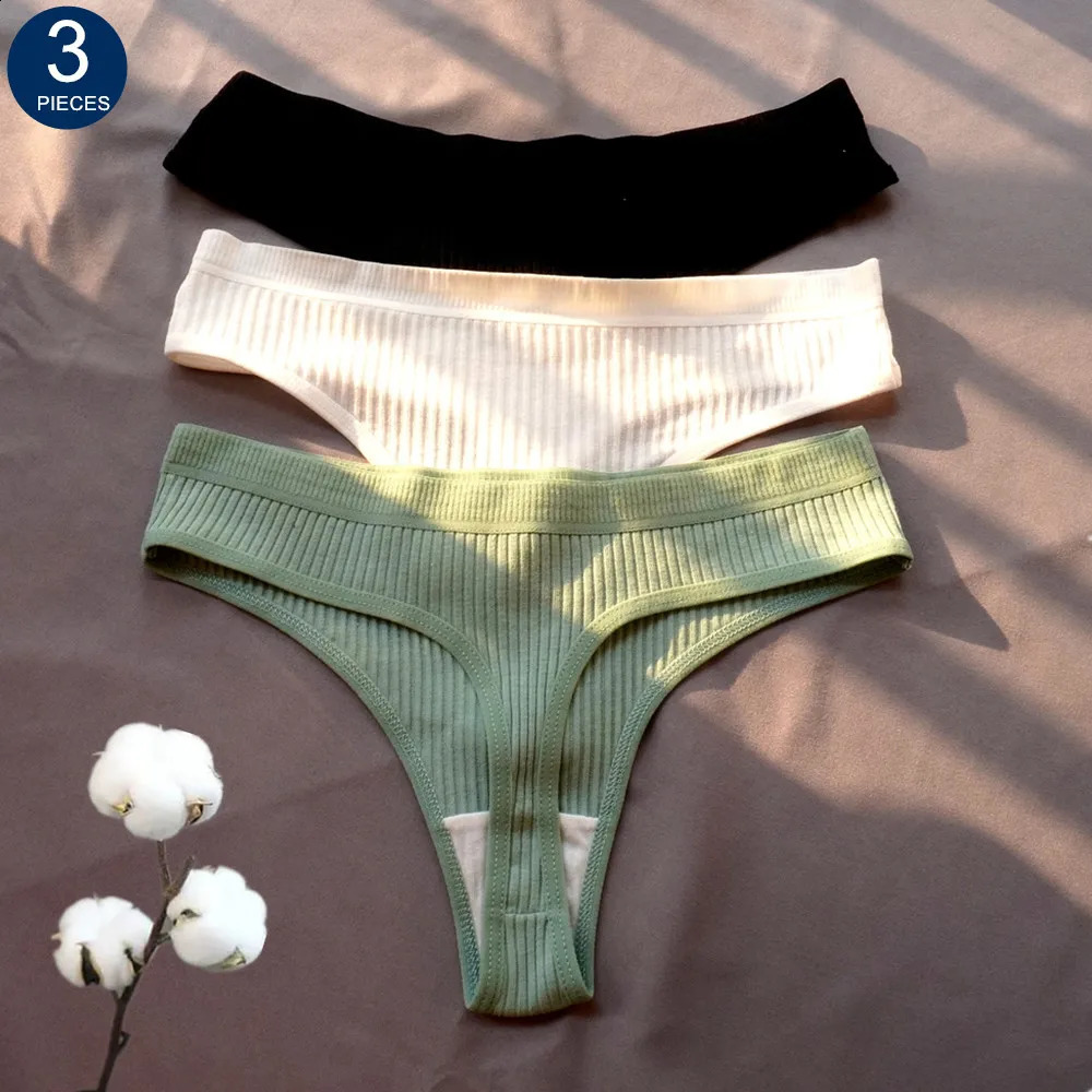 3 Pcs Seamless Ladies Ribbed Cotton Thong Simple Women's Low Waist Bikini Briefs Sports Girls Underwear Plus Size 260917