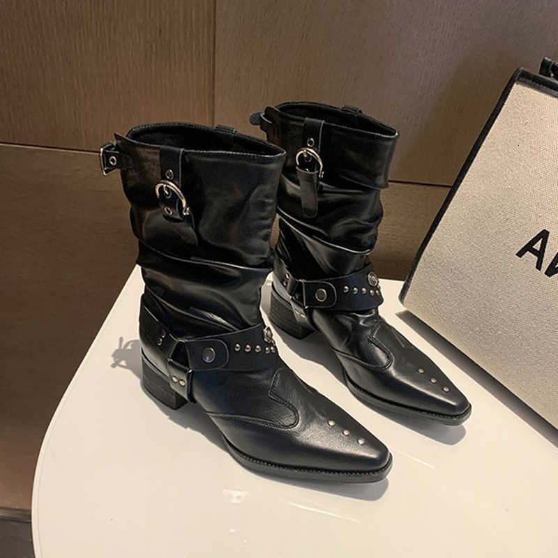 Short Black Pleated Western Boots for Women Large Size New Spring and Autumn Style Chunky Heel Studded Slouchy Boots British Style fashion Boots D26