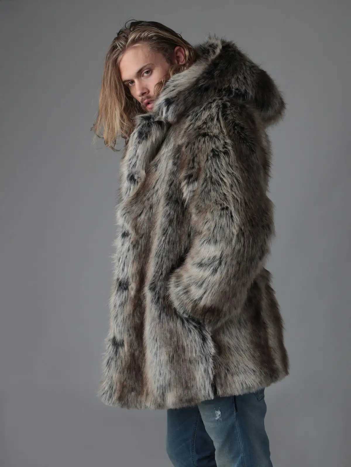 Thick Men's Hot Hooded Selling Personality Winter Mid-Length Coat Faux Fur Coat W260915