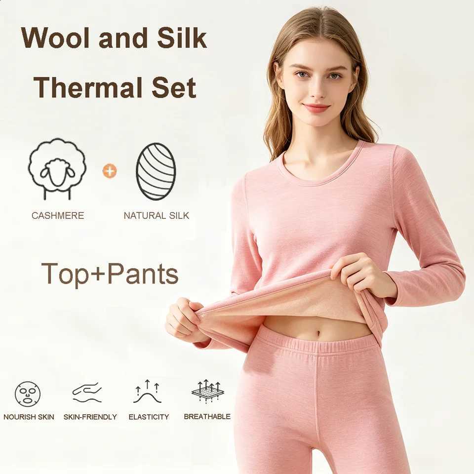 Wool Silk Thermal Underwear Set Double-sided Cashmere Long Velvet Fleece Plus Cashmere Thick Autumn Winter for Men Women Warm Un H260916