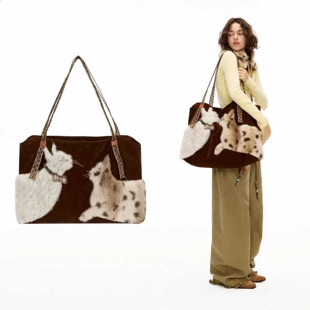 Thickened Y2k Embroidery Tote Bag Preppy Style Cartoon Suede Shoulder Bag Lightweight Cute Handbag Students H260916