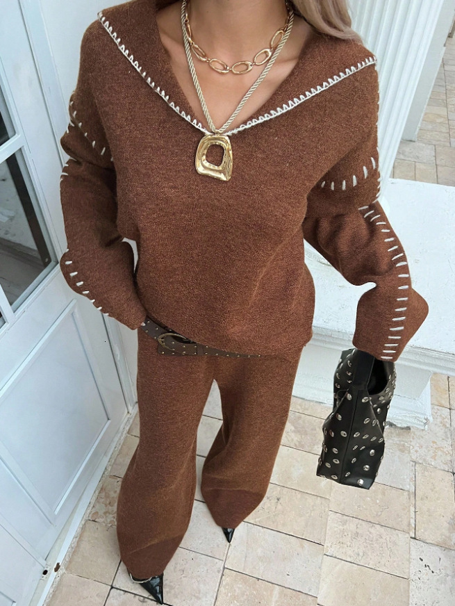 Women's Casual Commute Fashion Sailor Collar Decorative Drop Shoulder Loose Sweater Knit Pants 2-Piece Set for Autumn and Winter bd