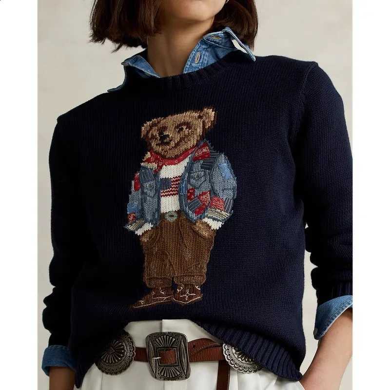 Cotton Classic Embroidered Bear Knitwear Loose Fit round Neck Versatile Autumn Winter Women's Fashion Street Style Sweater J260916