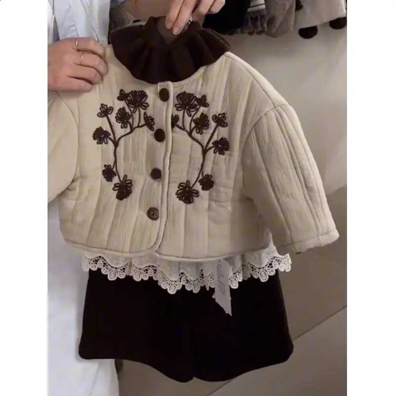 Winter Korean Children's Clothing in New Embroidered Cotton Jacket Velvet Fake Two-piece Straight Leg Pants Thickened J260917