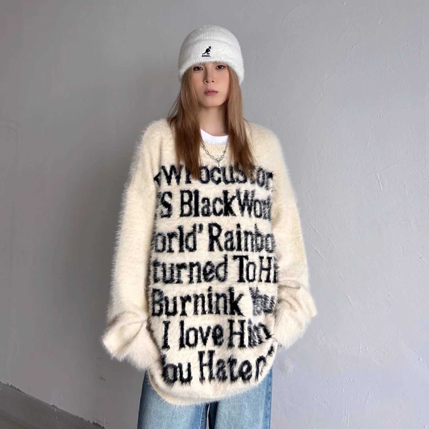Design Loose Fit American Letter round Neck Knitwear Men's Style 250 Pounds Large Size Autumn Winter Lazy Style Top Shirt J260916