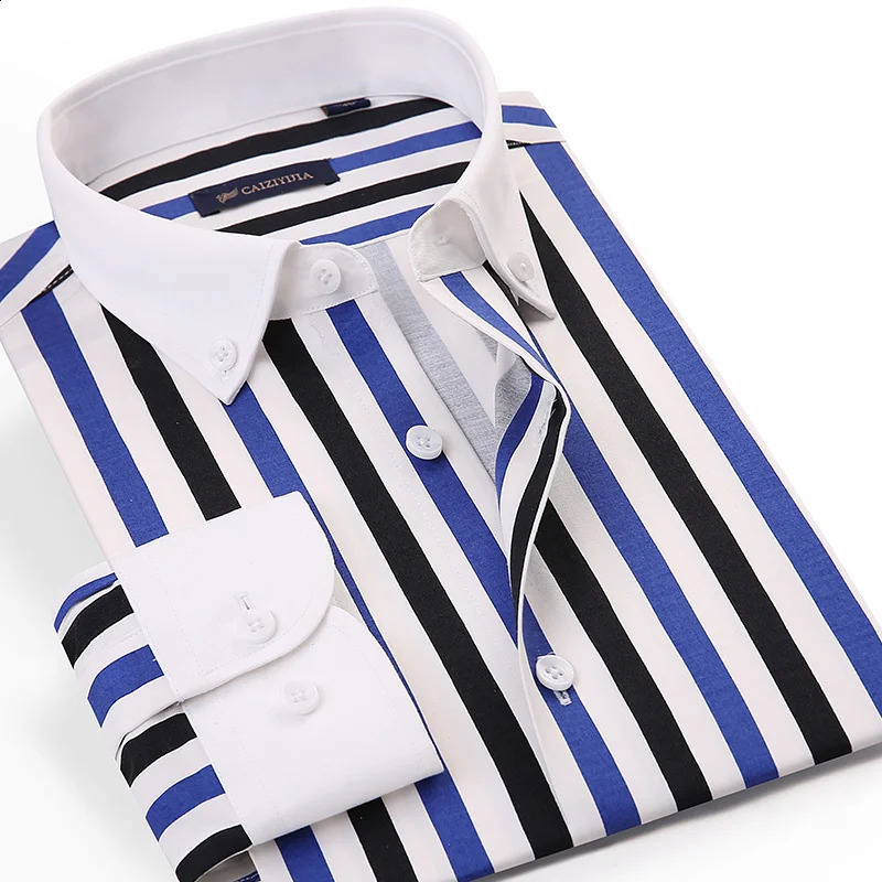 Mens Contrast Collar Striped Long Sleeve Button Down Dress Shirt Pocketless n Slim Casual Blouse White Cuff Shirts 260917