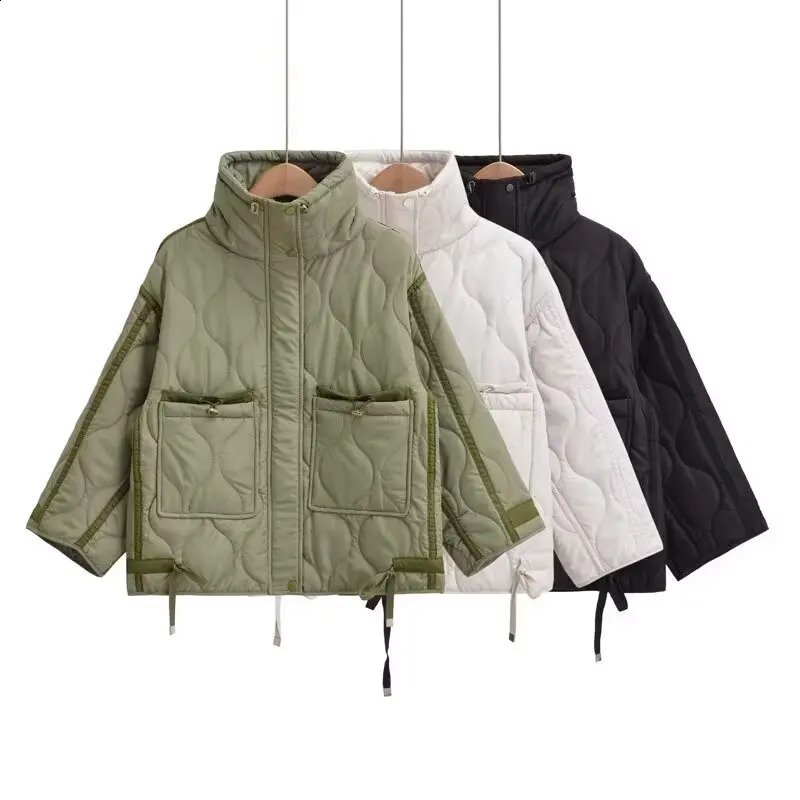 2026 Autumn Winter Womens Vintage Quilted Army Green Padded Coats Lady Elegant Drawstring High Neck Pockets Cotton Jacket Parka 260917