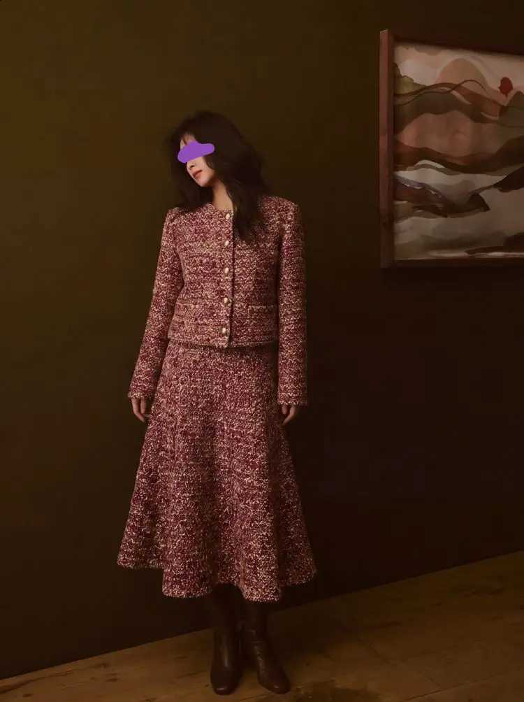 Luxury Wool Women Blend Tweed Jacket Drop Shoulder Round Neck Short Coat with Floral Yarn Texture Perfect for Office Date Night C260917