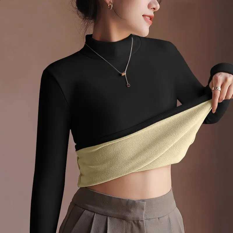 Women's Sweater Autumn Winter Retro with Velvet Lining Thickened Inner Wear Thermal Clothes Long-sleeved T-shirt Bottoming Shirt H2609161