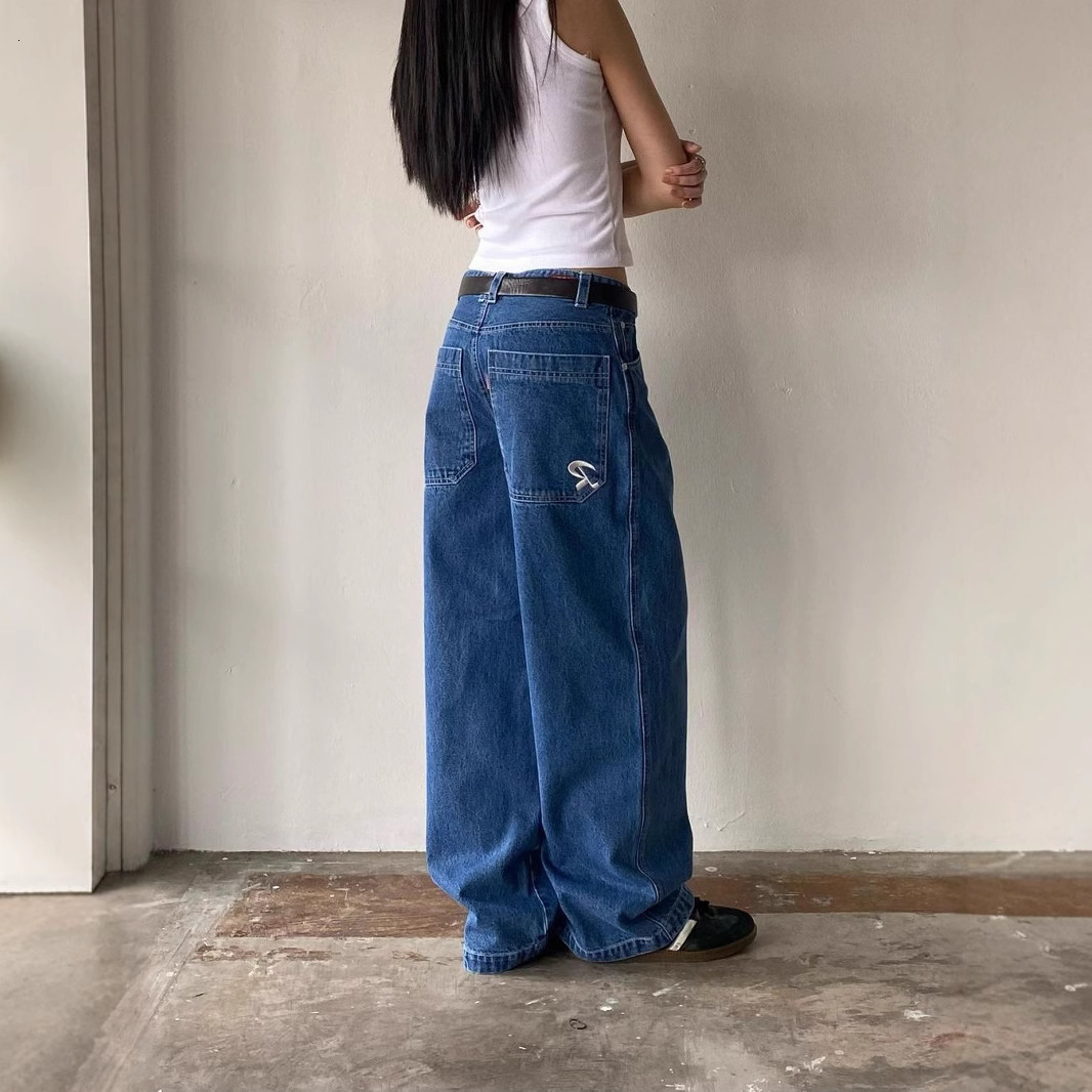 Embroidered denim pants for women, American retro style, versatile, loose fit, high-street casual long pants, Y2K fashion, easy to match 8b