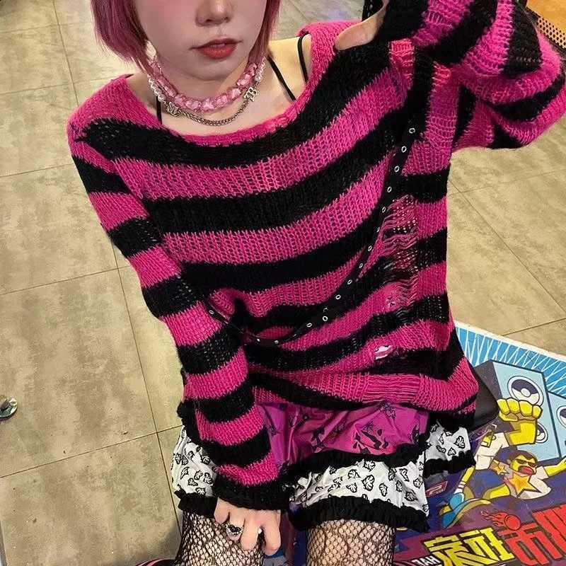 New Streetwear Top Punk Gothic Long Unisex Sweater Summer Women Striped Cool Hollow Out Hole Broken Jumper Loose Rock Thin Dark X260916