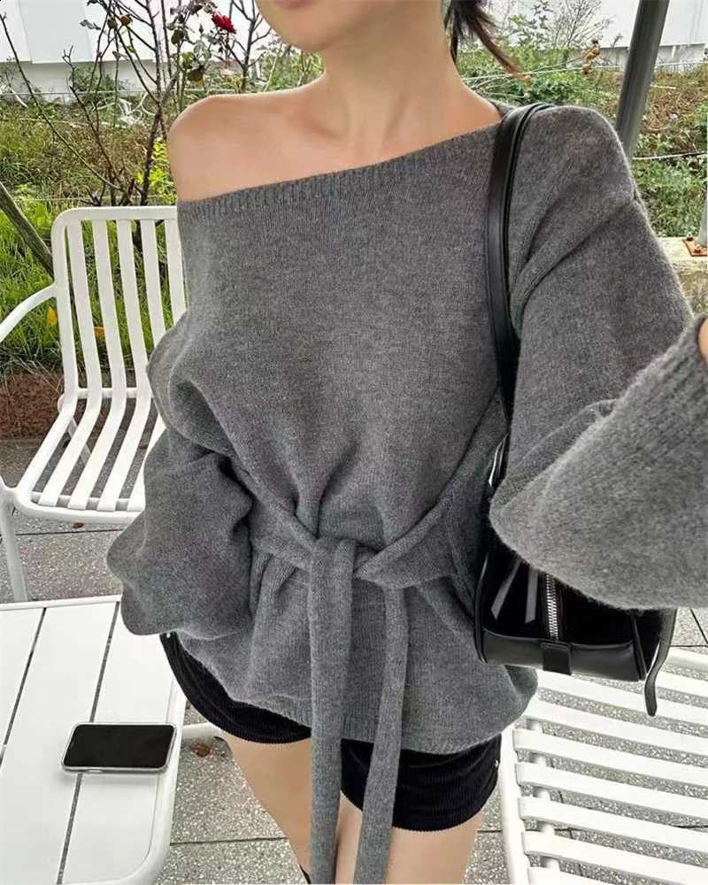 Shoulder Women Knit Off Sweater Autumn Winter Laceup Waist Tie Loose Slash Neck Pullover Casual Elegant Slim Fit Knitwear J260916