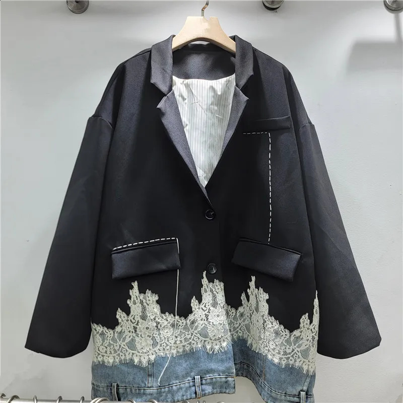 SuperAen 2026 Spring Denim Patchwork Contrasting Color Lace Blazer Long-sleeved Women Oversize Loose Casual Suit 260917