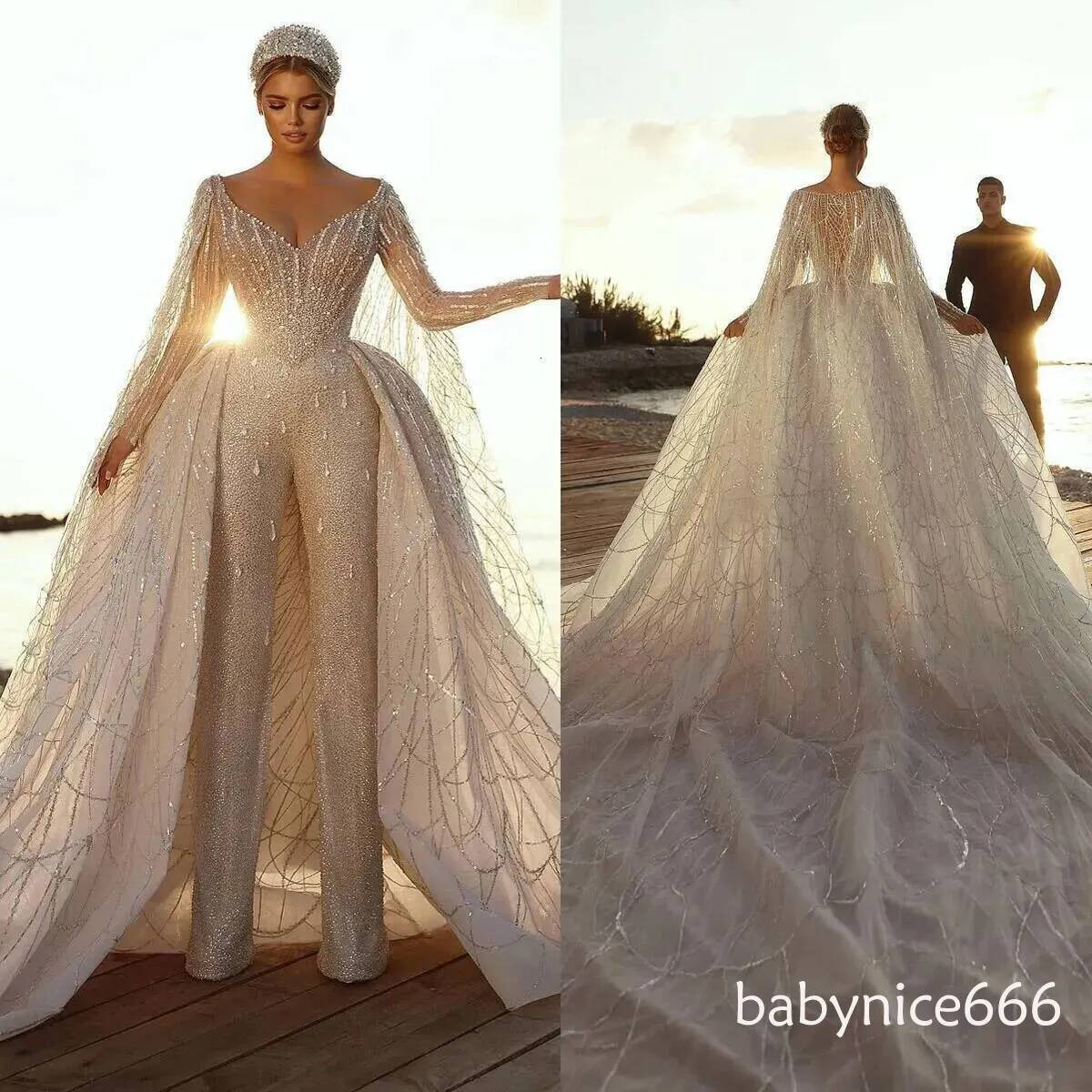 Stunning Sequined Jumpsuit Wedding Dresses Custom Made Long Sleeves Lace Crystal Bridal Gown Detachable Train Vestido De Novia Bd824 Mb916
