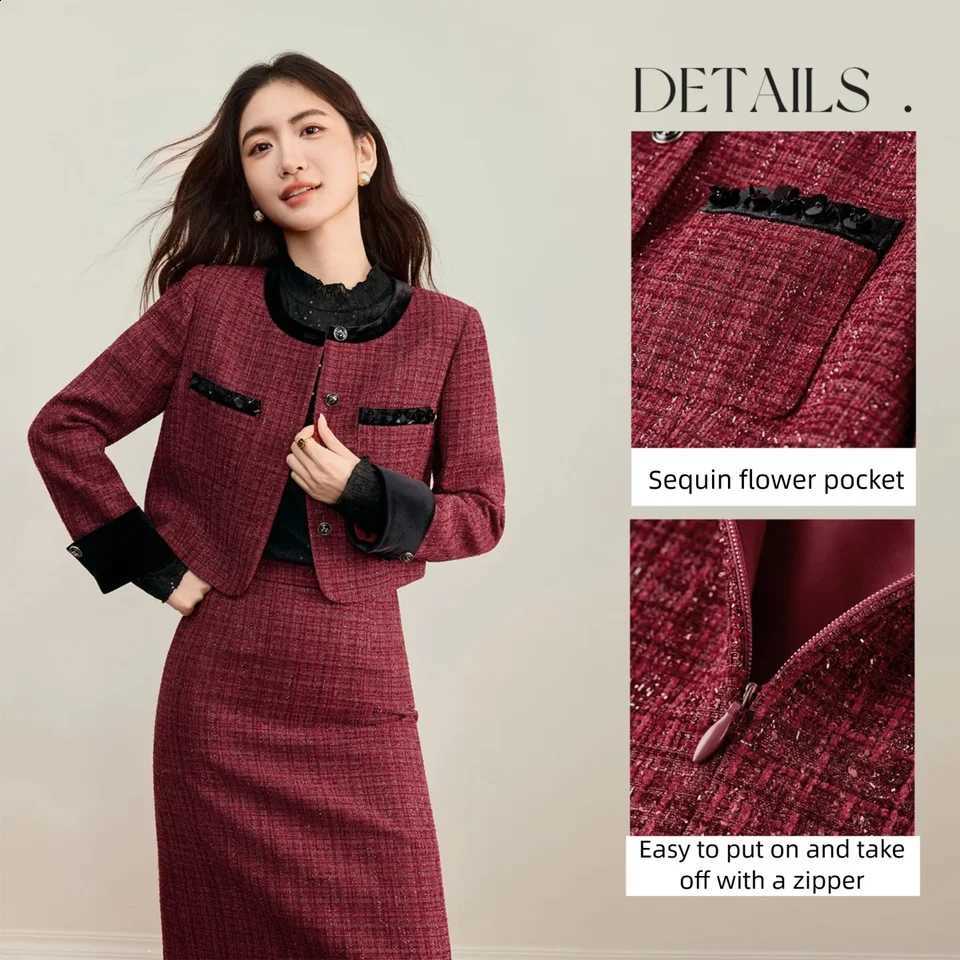 Jacket Sets Slit Women's SENTUBILA Hem Skirt Two Piece Round Neck Commute Warm Coat Office Lady Outfit Winter Garment 154ZA3682W260915