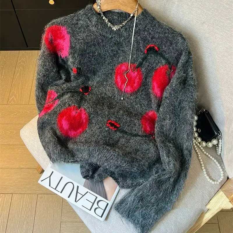 Jacquard Vintage Cashmere Cherry Sweater Autumn Winter New Women's O-Neck Long Sleeve Knitwear Luxury Beading Wool Pullover K944 J260916