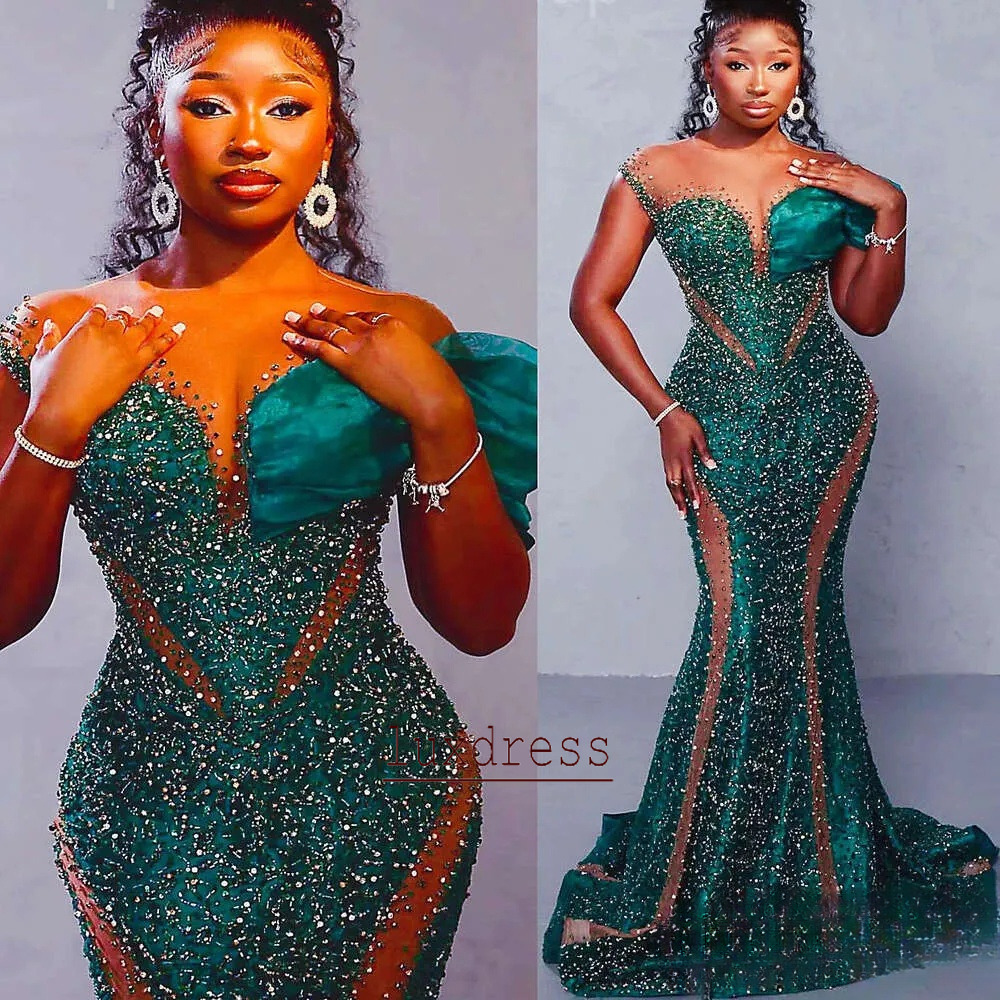 Dark Green Prom Dresses For Black Girls 2026 Mermaid Sequind Lace Evening Gowns Elegant Women Formal Party Dress Plus Size Luxury Robes de soiree