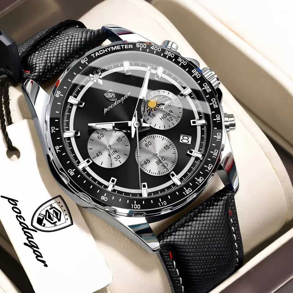 POEDAGAR Fashion Men's Watches High Quality Luminous Waterproof Male Wristwatch Leather Chronograph Date Sports Quartz Men ClockT260916