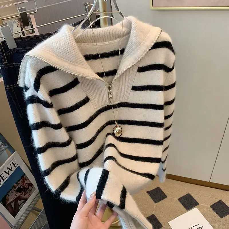 Striped Knit Zipper Patchwork High Strt Sweaters Autumn Winter Long Slve Youth Loose Casual Tops Fashion Lazy Women Clothing S260917P18X