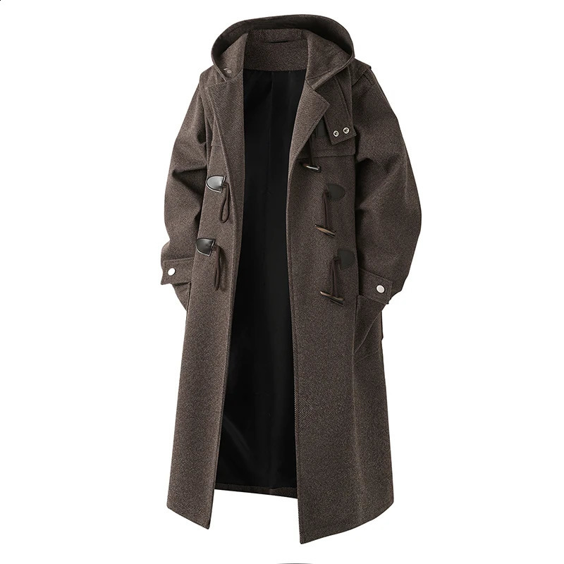 2026 Autumn Winter Woolen Coats Men Hooded Trench Fashion Loose Casual Streetwear Long Outwear Coat Male Button Windbreaker 260916