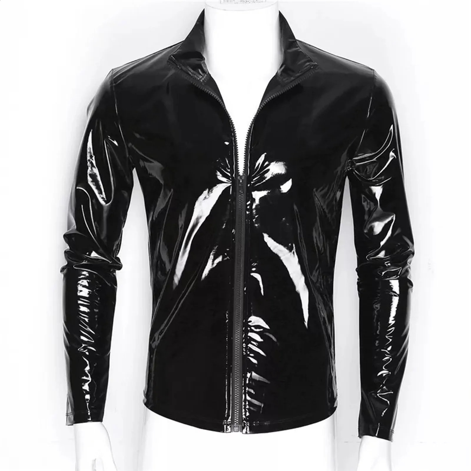 Fashion Wet Look Pvc Zipper Long Sleeve Jackets Men Shiny Pu Leather Muscle Shaper Tops Tights Nightclub Streetwear Coat 260916
