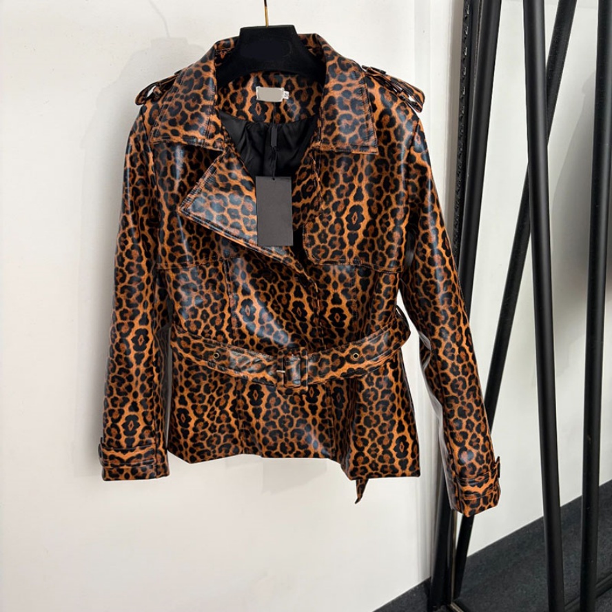 Women Leopard Print Jackets Designer Shiny Patent PU Leather Retro Coats Bar Visit Club Party Causal Vacation Outerwear