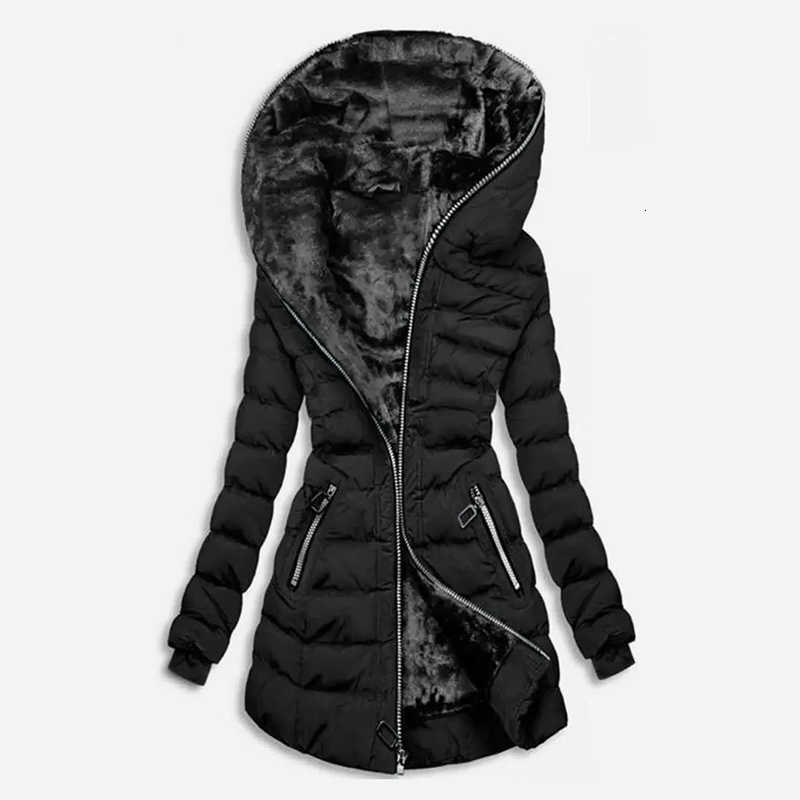 Hooded Fleece Lined Jackets Women's Long Sleeve Cotton Padded Winter Fit Warm Medium Length Coat Zip Up Stylish Women's Clothing H260917