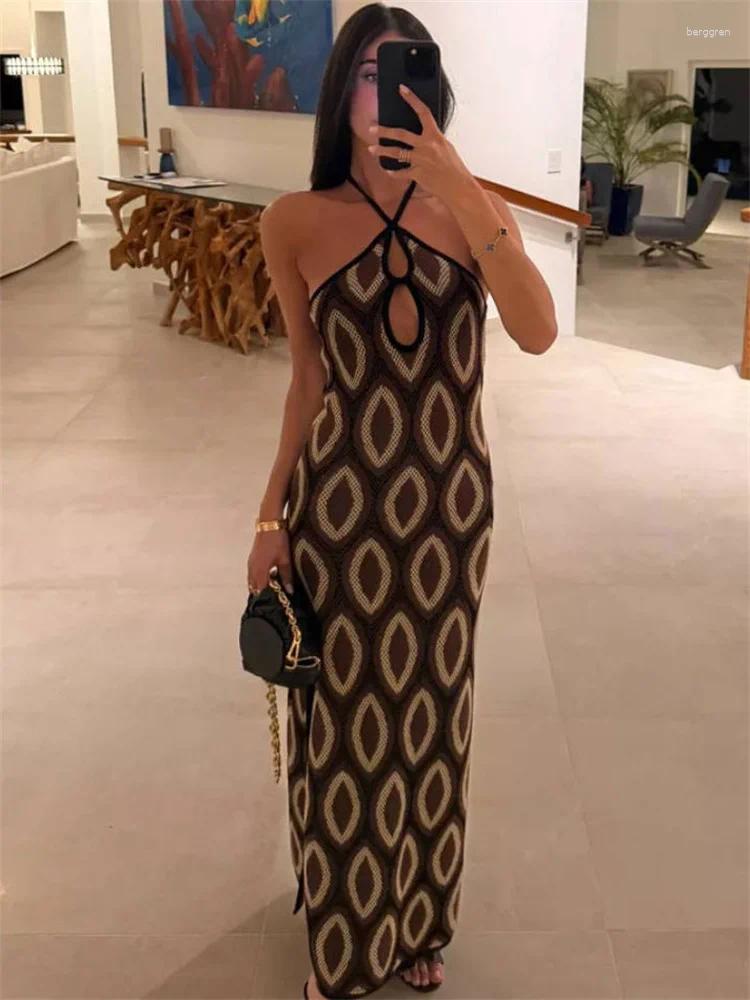 Tossy Knit Printed Hollow Out Long Dress Women Bandage Backless Contrast Beach Holiday Clothes Female Boho Knitwear