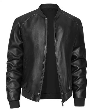 Men's Stylish Black Pu Leather Jacket Casual Baseball Collar ZipUp Front with Pockets Loose Fit Machine Washable Ideal for Wear 260917