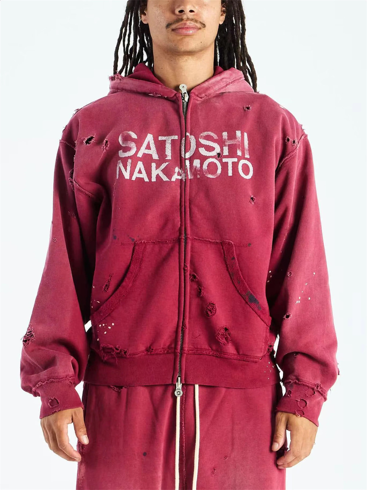 VINTAGE SATOSHI Street 26SSLuke Printed" Distressed Washed Zipper Cotton Winter HighStreet Hoodies For Men 260917