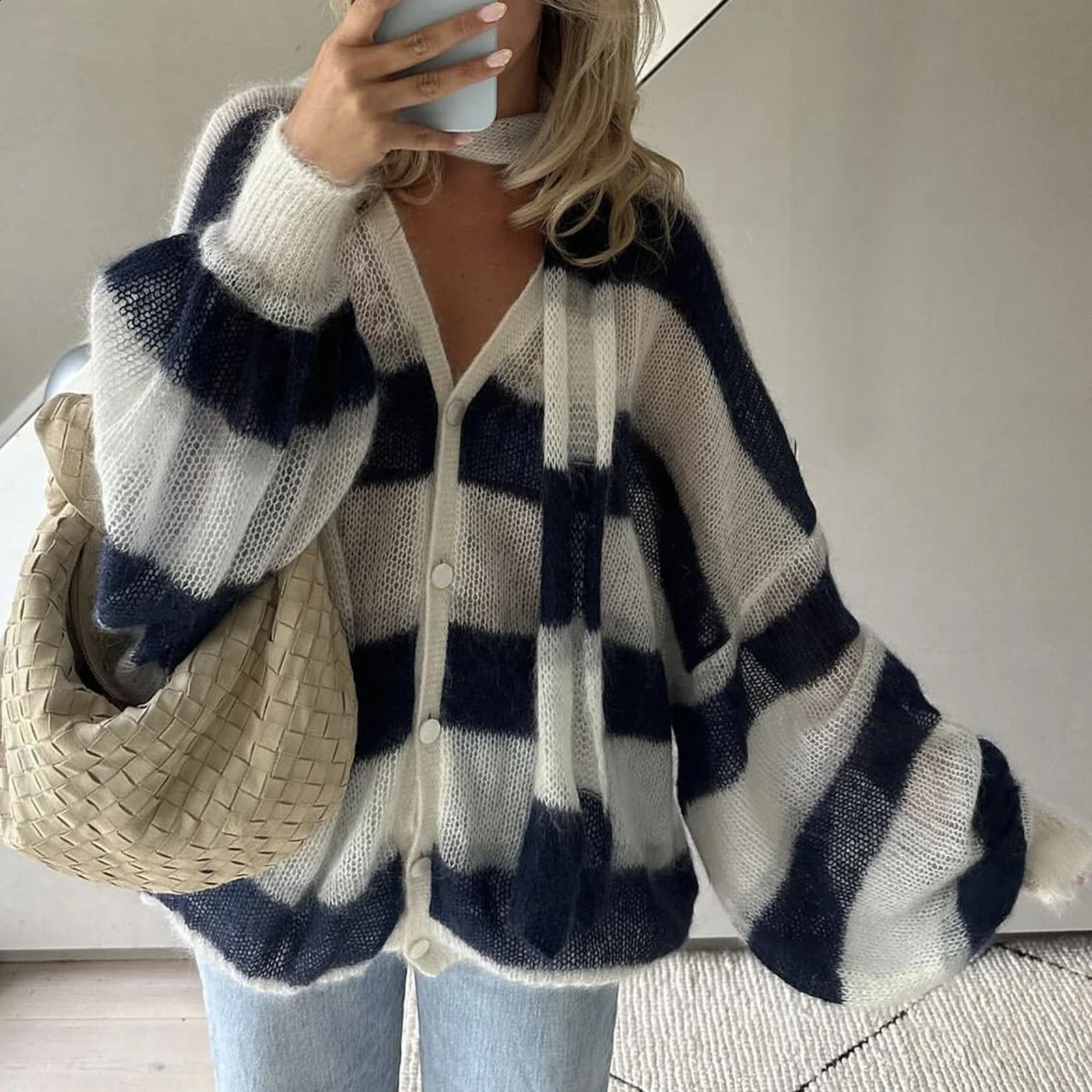 Gaono Fashion Striped Sweater Cardigan With Scarf Female Loose Thin Hollow Knitted Top Lantern Sleeve Contrast Color Retro Top 260917