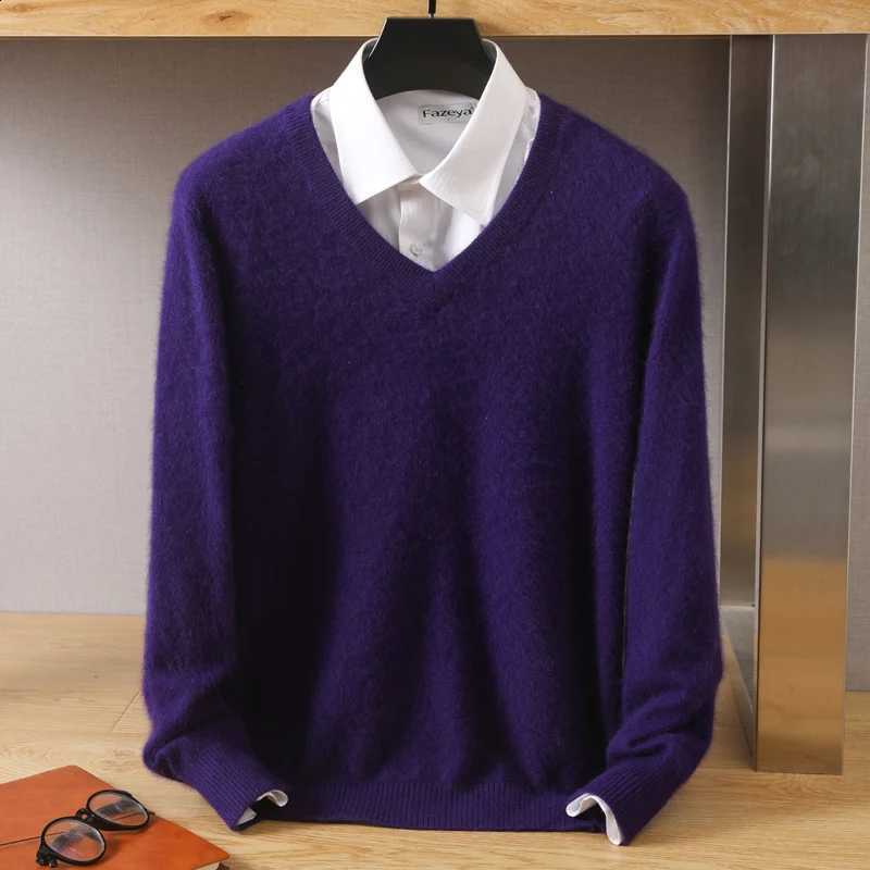 Sweater 100% Pure Mink Cashmere Men's V-Neck Pullovers Knit Large Size Mink Sweater Winter New Long Sleeve Jumpers TopsW260915