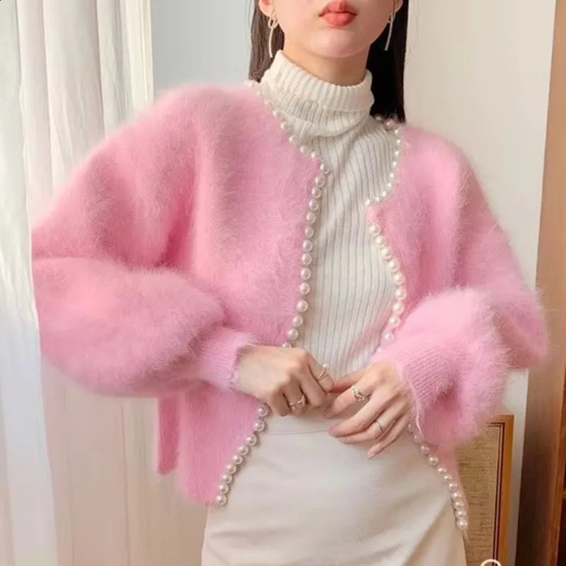 2026 Autumn Winter Fashion Ladies Pearl Knit Lantern Sleeves Mink Fleece Sweater Cardigan Jacket Women Outerwear 260917