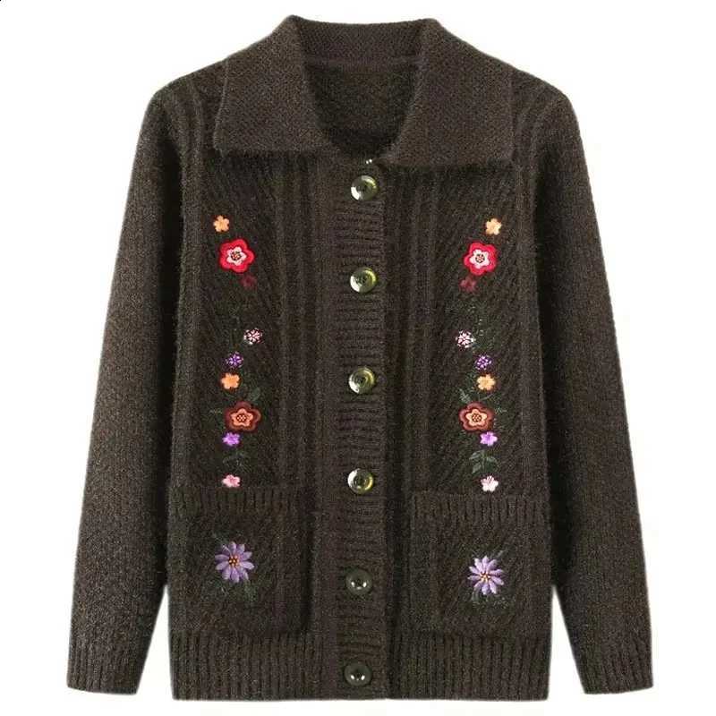 Mother Embroidered Middle-Aged Elderly Autumn Winter Jacket Knit Sweater Cardigan Coat Lady Warm Clothing Female Outerwear Tops J260916