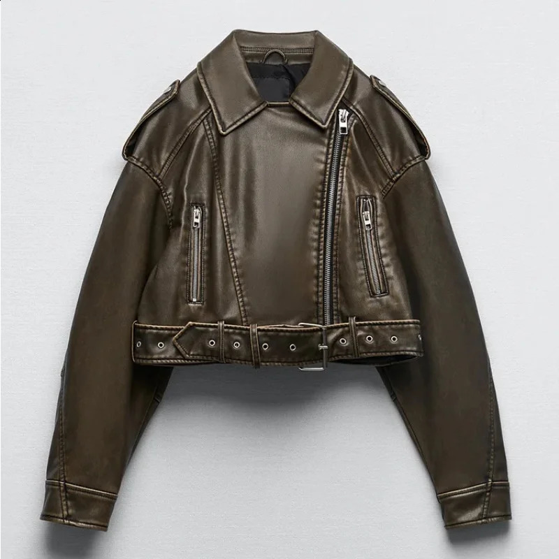 2025 Vintage Loose Pu Faux Leather Short Jacket with Belt Streetwear Female Zipper Retro Moto Biker Coat Outwear Tops 260916