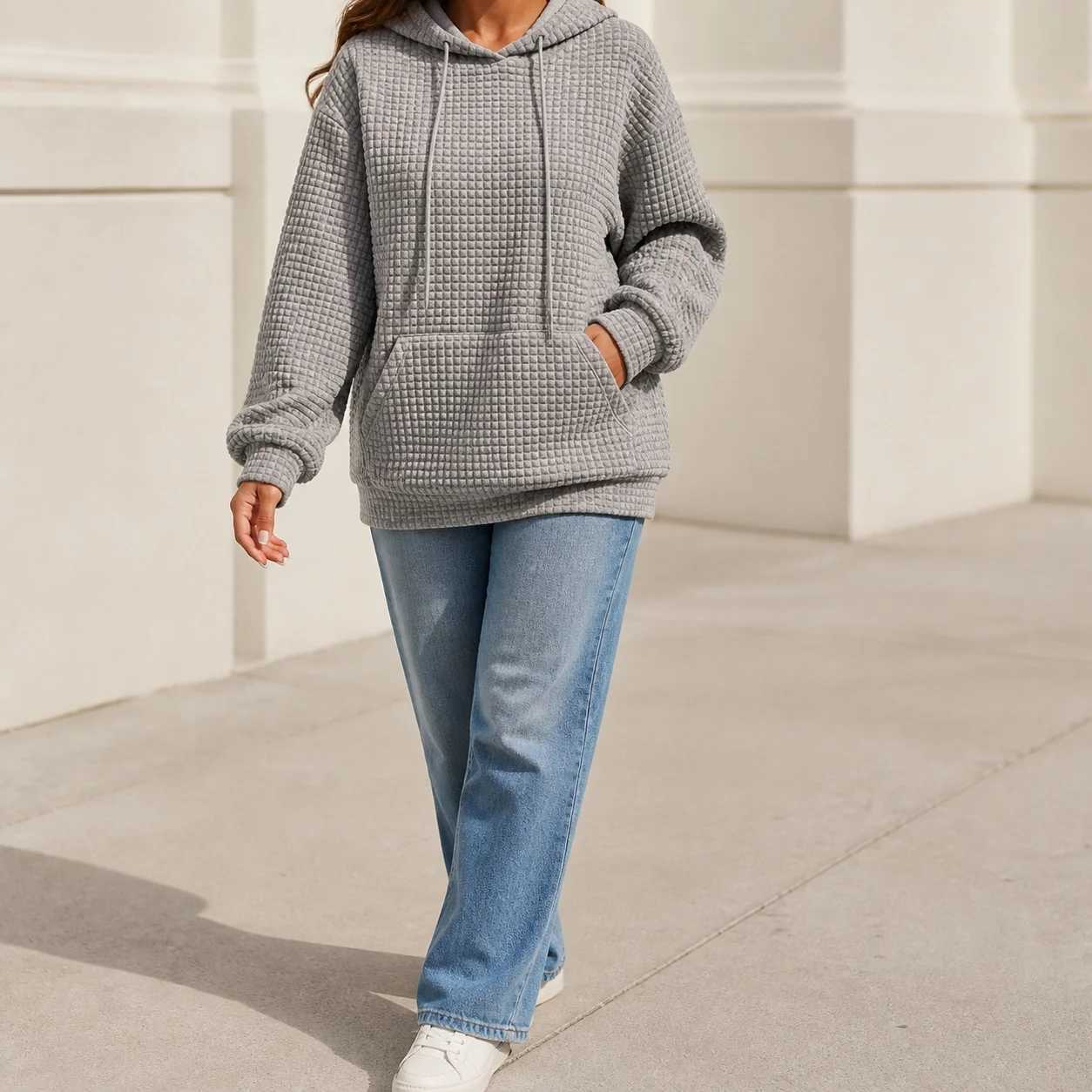 Women's Thick Waffle Knit Cropped Solid Color Round Neck Sweatshirt with Pocket Women's Winter Clothing Hoodies Female S2609175DIQ
