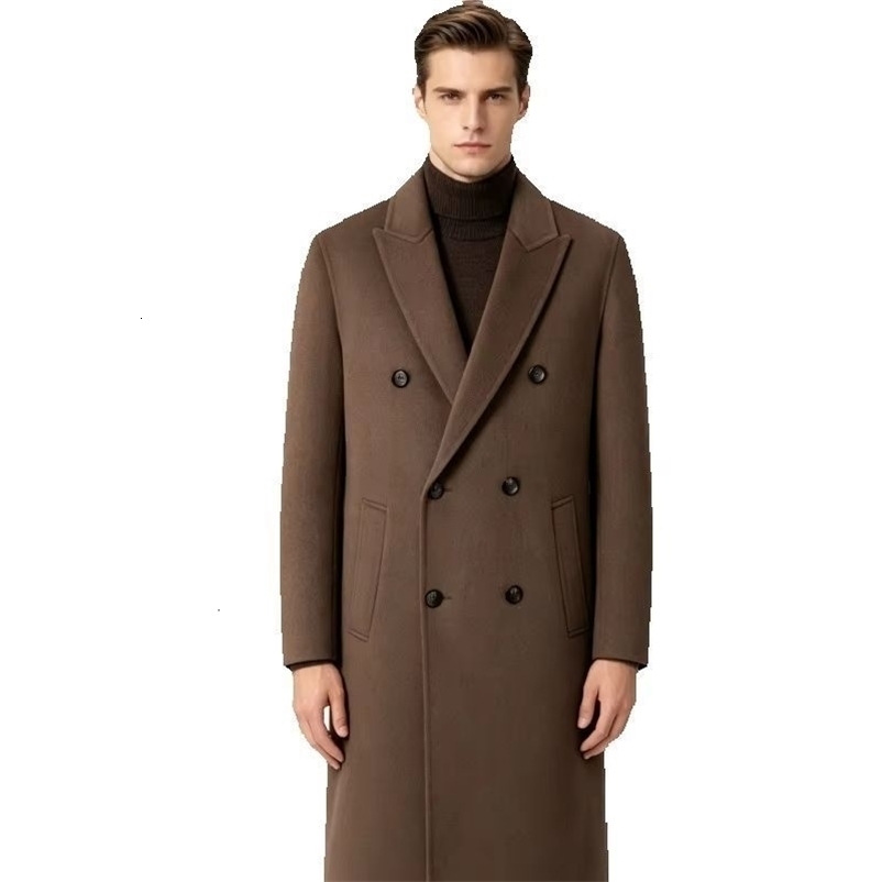 Elegant Men's Long Wool Overcoat Double Breasted Wide Lapel Structured Length Pocket Business Banquet Wedding Dress 260916