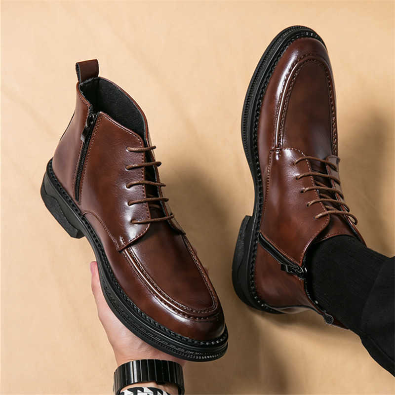 British Winter Designer New Pointed Lace Up Zip Patchwork Patent Leather Ankle Boots Men Casual High-top Shoes Zapatos Hombre D260917