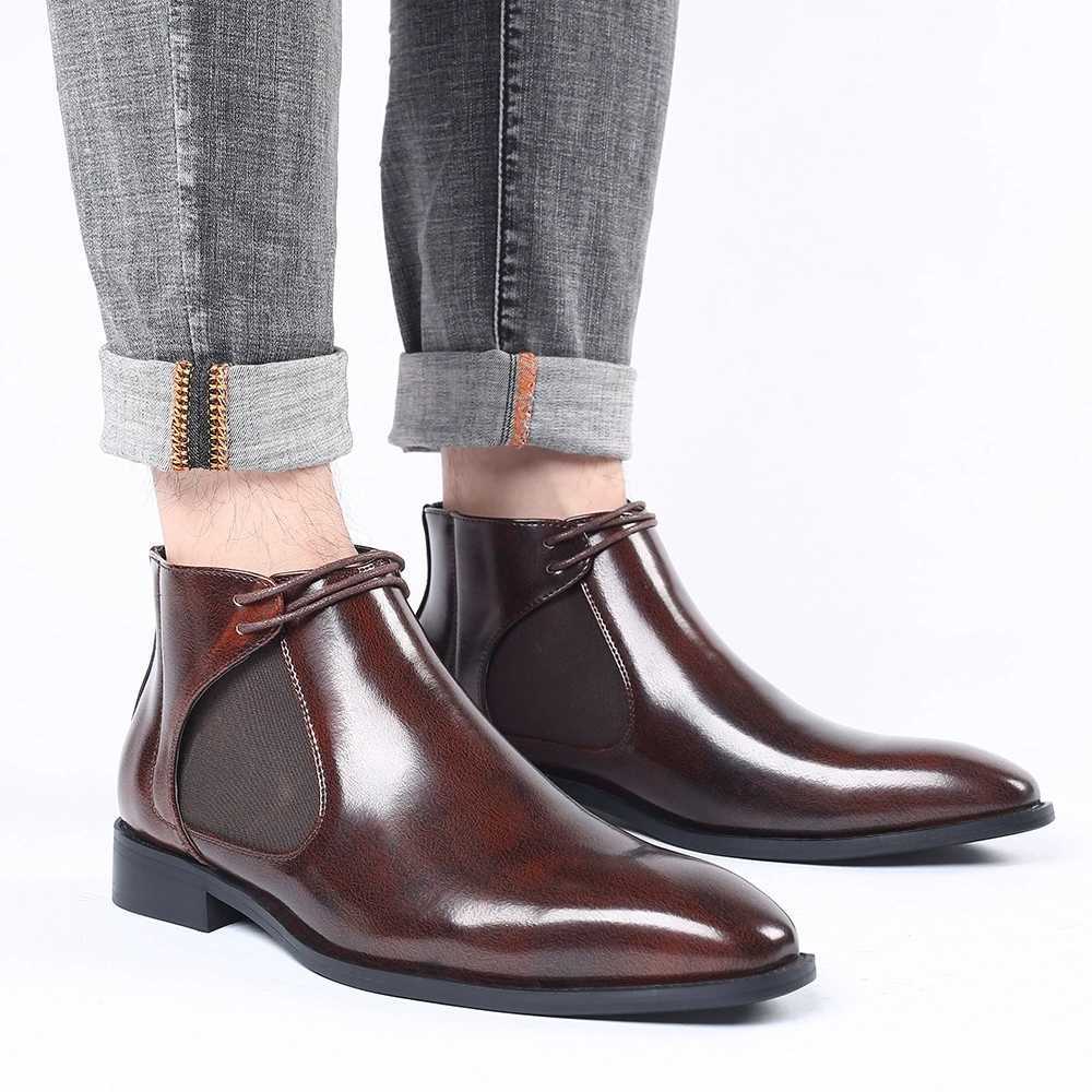 Winter Pointed Punk Chelsea Ankle Boots Brown Black Men's Casual High-top Shoes Zapatos Hombre D260917