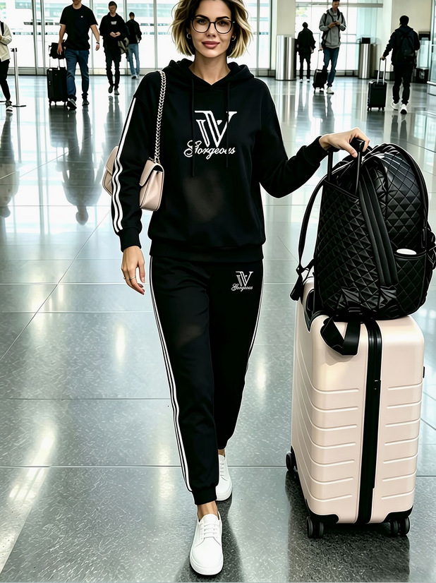 Designer Women's airport-style side-woven tape and art-letter print hooded sweatshirt and sweatpants set