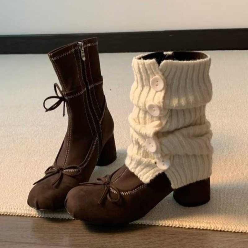 Women Heels Bow Boots High New Mary Jane Shoes 2025 Winter Designer Suede Chelsea Boots Chunky Dress Lolita Shoes Mujer Botas D260917